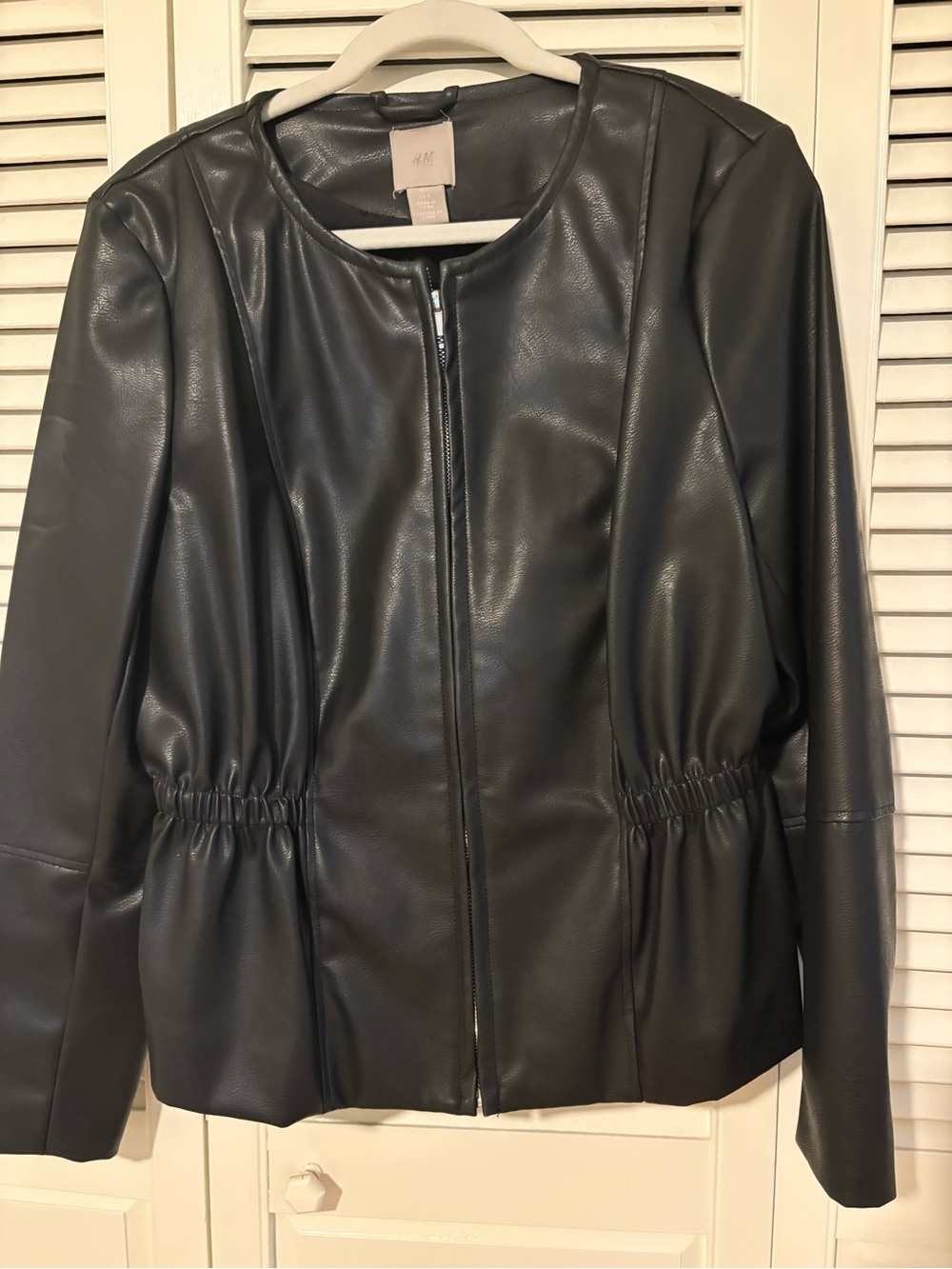 H&M Black Faux-Leather Zip Jacket with Gathered Waist